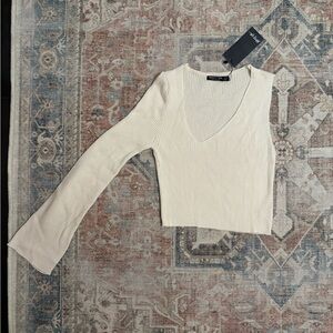 Nasty Gal Cream Ribbed V-Neck Crop Top One long sleeve
